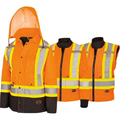 5020BBW Women's  7-in-1 Waterproof Jacket with Hood, Polyester/Polyurethane, High Visibility Orange, X-Small Equipment World