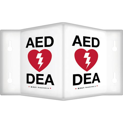 90° Projecting "AED/DEA" Sign, 6" x 5", Plastic, Bilingual with Pictogram Equipment World