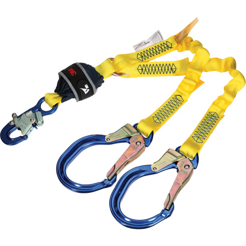 Twin-Leg Stretch Web Shock-Absorbing Lanyard, 4', Rebar Hook Center, Snap Hook Leg Ends Equipment World