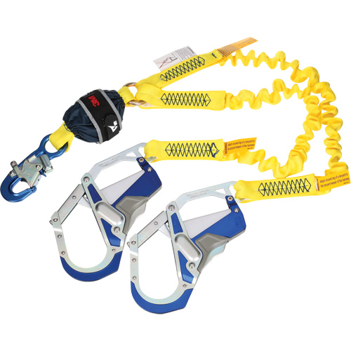 Twin-Leg Stretch Web Shock-Absorbing Lanyard, 6', Rebar Hook Center, Snap Hook Leg Ends Equipment World