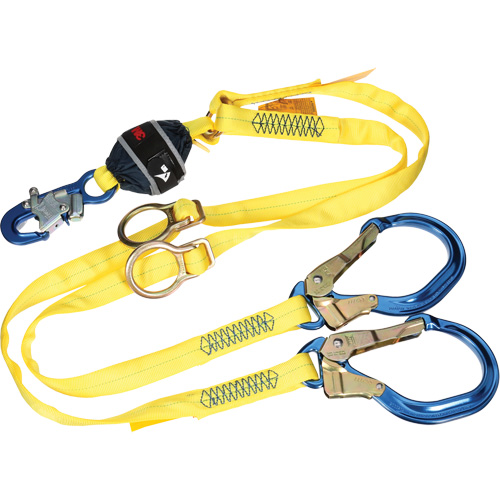 Twin-Leg Tie-Back Web Shock-Absorbing Lanyard, 6', Rebar Hook Center, Snap Hook Leg Ends, Polyester Equipment World
