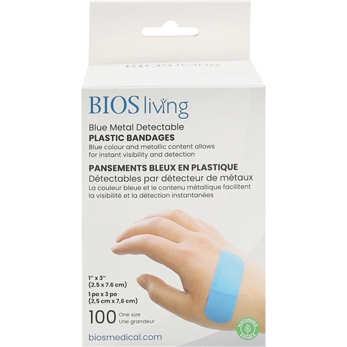 Blue Water-Resistant Bandages, Rectangular/Square, 3", Plastic Metal Detectable, Sterile Equipment World