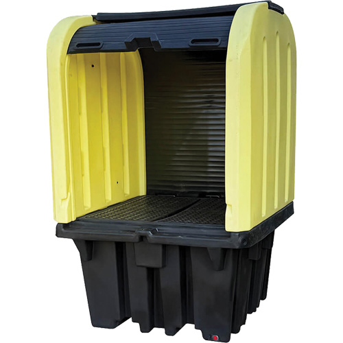 Yellow Roll Top Hardcover Spill Pallet with Drain, 65" L x 65" W x 101" H, 5000 lbs. Load Capacity Equipment World