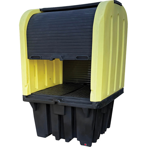 Yellow Roll Top Hardcover Spill Pallet with Drain, 65" L x 65" W x 101" H, 5000 lbs. Load Capacity Equipment World