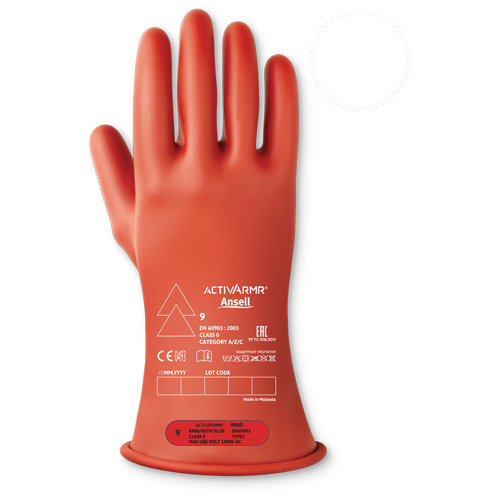 ActivArmr&reg; Electrical Insulating Class 0 Gloves, 10, 11" L, Level 1, ASTM D120/ATSM F2675:2021/IEC 614821-2:2014 Equipment World