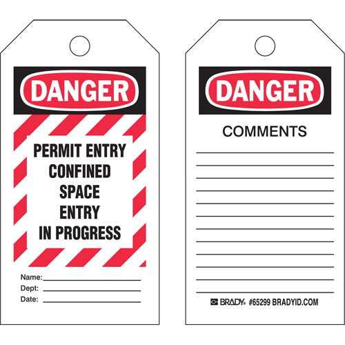 "Confined Space" Tags, Polyester, 3" W x 5-3/4" H, English Equipment World
