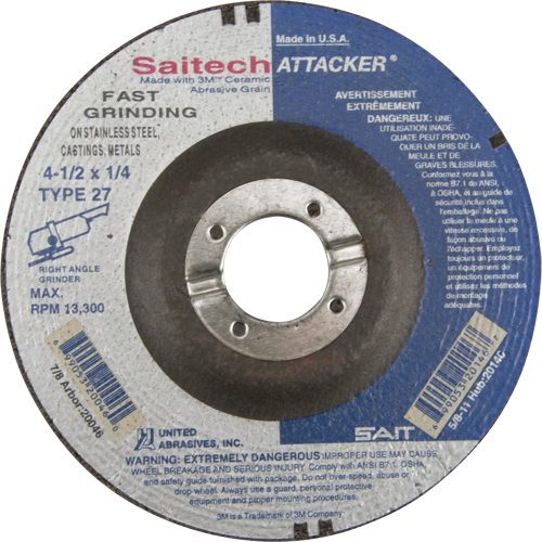 Meule rapide Saitech Attacker, 4-1/2" x 1/4", Arbre 7/8", Oxyde d'aluminium/C&eacute;ramique, Type 27 Equipment World