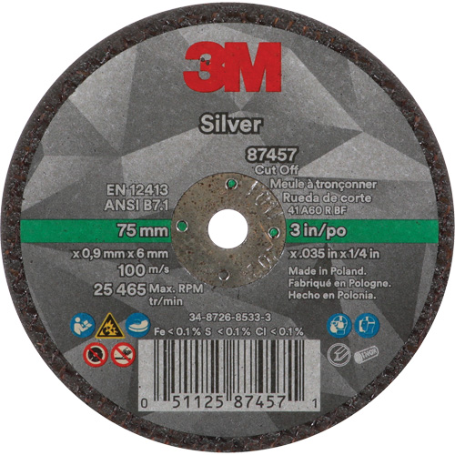 Silver Cut-Off Wheel, 3" x 0.04", 1/4"-28 Arbor, Type 1, Ceramic, 25645 RPM Equipment World