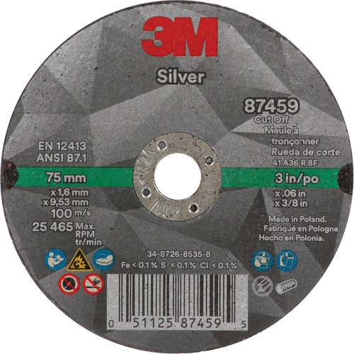 Silver Cut-Off Wheel, 3" x 0.06", 3/8"-24 Arbor, Type 1, Ceramic, 25645 RPM Equipment World