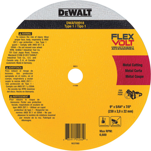 FlexVolt&reg; Metal Cut-Off Wheel, 9-1/16" x 0.078", 22.23 mm Arbor, Ceramic, Type 1 Equipment World
