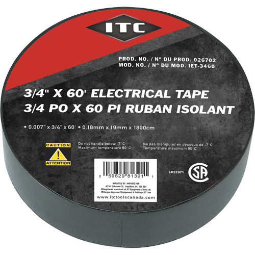 IET-3460 Ruban isolant, Ruban &eacute;lectrique, Rubans isolant, 19 mm (3/4") x 18,28 m (60'), Noir Equipment World