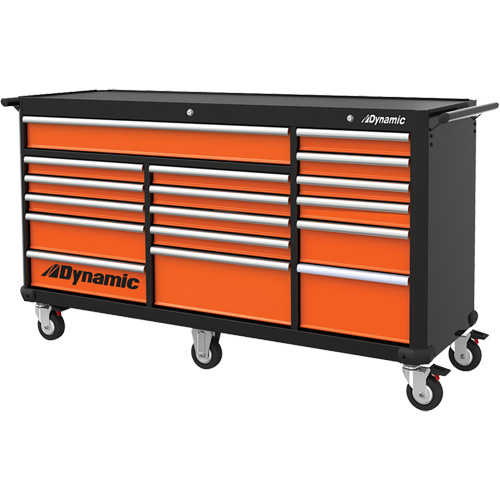 Roller Cabinet, 17 Drawers, 71" W x 24" D x 41" H, Black/Orange Equipment World