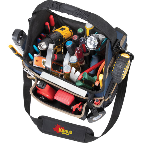 Molded Base Electrical/HVAC Tool Carrier, Ballistic Polyester, 20 Pockets, Black/Blue Equipment World