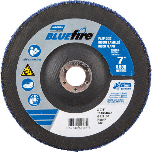 BlueFire R884P Coarse Grit Flap Disc, 7" x 7/8", Type 27, 80 Grit, Zirconia Alumina Equipment World