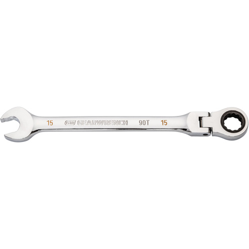 90-Tooth Flex Head Ratcheting Combination Wrench, 12 Point, 15 mm, Chrome Finish Equipment World
