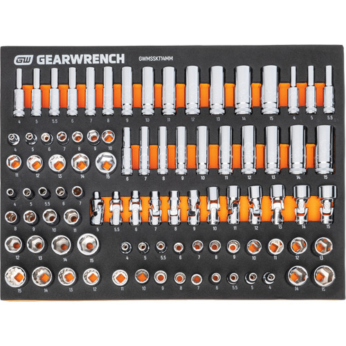 Jeu d'outils m&eacute;triques pour m&eacute;canicien MEGAMOD dans des plateaux en mousse modulaire avec armoire roulante &agrave; outils, 358 morcea Equipment World