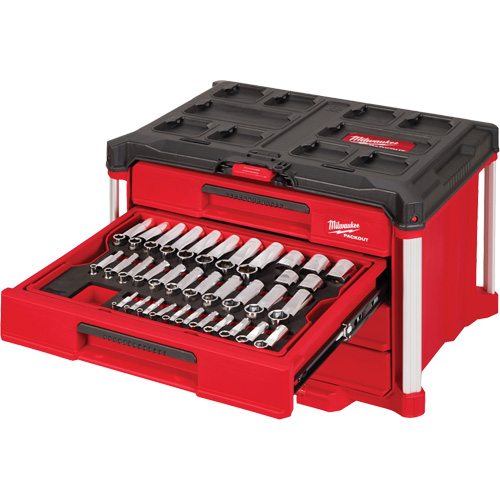 Ensemble de 242 pi&egrave;ces de douilles et cliquets m&eacute;triques et SAE 1/4", 3/8" et 1/2" avec boîte &agrave; outils PACKOUT &agrave; 4 tiroirs, 16-3/10" x 22-1/5" x 14-3/10", Noir/Rouge Equipment World