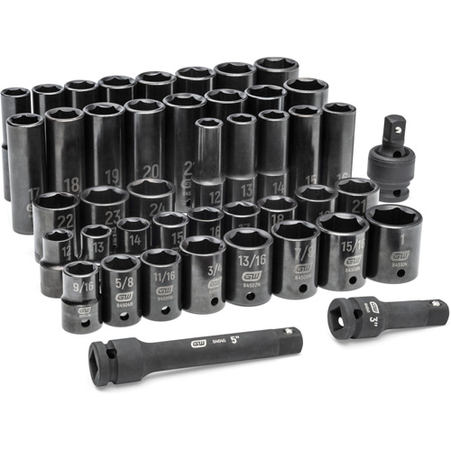 6 Point SAE/Metric Socket Set, 44 Pcs, Impact, 1/2" Drive Size, Deep Equipment World