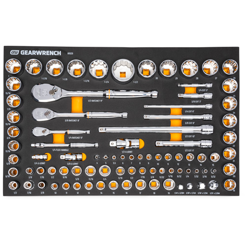 Jeu d'outils SAE/m&eacute;triques pour m&eacute;canicien &agrave; 90 dents 1/4", 3/8" & 1/2" avec plateau de rangement en mousse Equipment World
