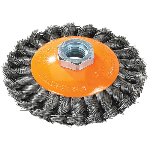 Brosse concave &agrave; fils nou&eacute;s torsad&eacute;s, Dia. 7", Fils 0,02", Arbre 5/8"-11, Acier Equipment World