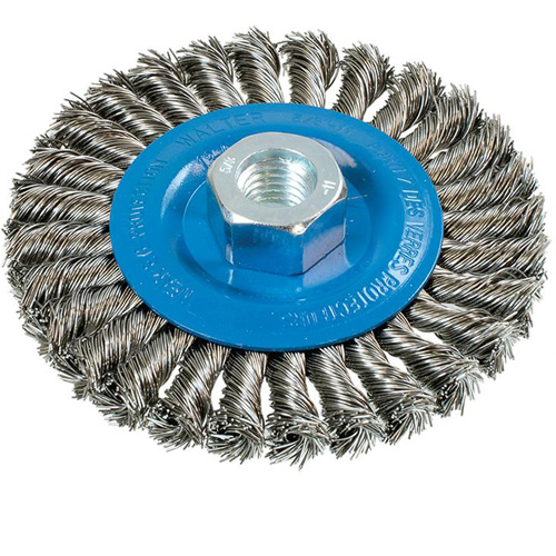 Brosse rotative &agrave; fils nou&eacute;s large, Dia. 4-1/2", Fils 0,02", Arbre 5/8"-11, Aluminium/Acier inoxydable Equipment World