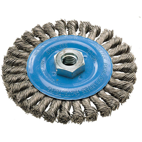 Wide Knotted Wire Wheel Brush, 5" Dia., 0.02" Fill, 5/8"-11 Arbor, Aluminum/Stainless Steel Equipment World