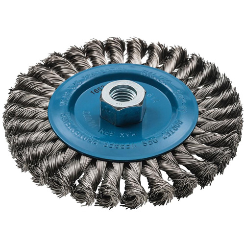 Wide Knotted Wire Wheel Brush, 6" Dia., 0.02" Fill, 5/8"-11 Arbor, Aluminum/Stainless Steel Equipment World