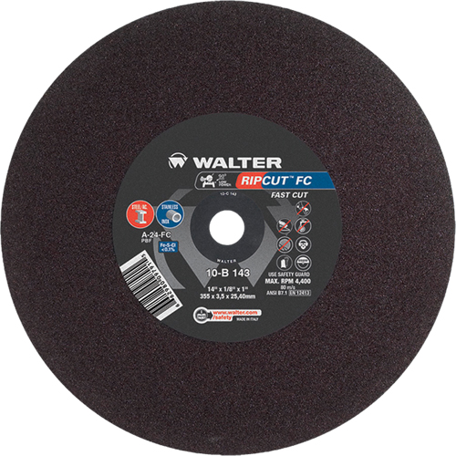 Ripcut Stainless Steel & Steel Cut-Off Wheel for Stationary Saws, 14" x 1/8", 1" Arbor, Type 1, Aluminum Oxide, 4400 RPM Equipment World