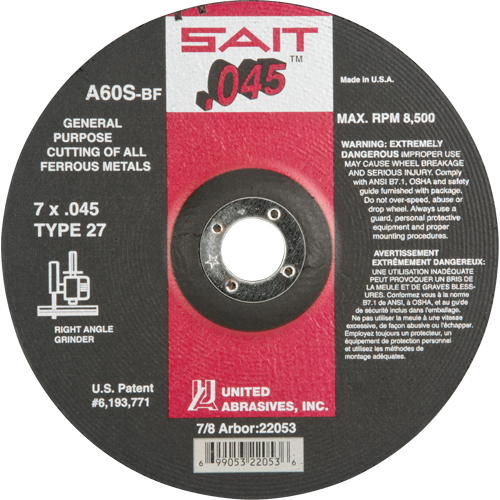 Depressed Center Cut-Off Wheel, 7" x 0.045", 7/8" Arbor, Type 27, Aluminum Oxide, 8500 RPM Equipment World