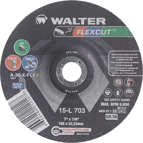 Meules &agrave; moyeu d&eacute;port&eacute; Flexcut, 7", 36 Grain, Oxyde d'aluminium, 7/8", 8600 Tr/min, Type 29 Equipment World