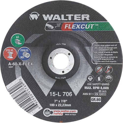 Meules &agrave; moyeu d&eacute;port&eacute; Flexcut, 7", 60 Grain, Oxyde d'aluminium, 7/8", 8600 Tr/min, Type 29 Equipment World