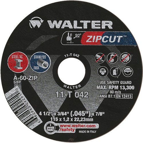 Meule &agrave; tronçonner Zipcut, 4-1/2" x 3/64", Arbre de 7/8", Type 1, Oxyde d'aluminium, 13 300 Tr/min Equipment World