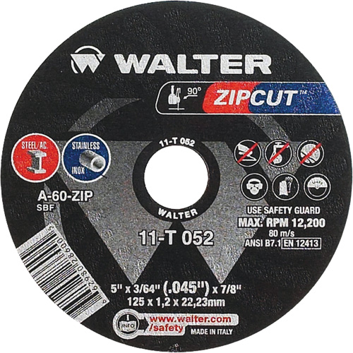Zipcut Cut-Off Wheel, 5" x 3/64", 7/8" Arbor, Type 1, Aluminum Oxide, 12200 RPM Equipment World