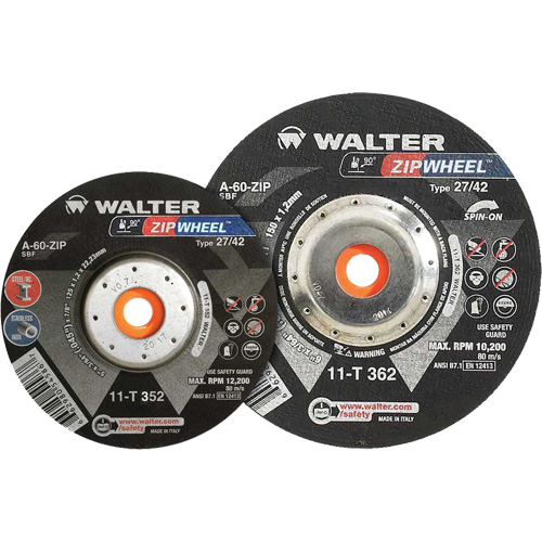 Spin-On Zipcut Right Angle Grinder Reinforced Cut-Off Wheels, 5" x 7/8", 5/8"-11 Arbor, Type 27, Aluminum Oxide, 12200 RPM Equipment World