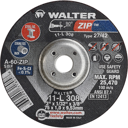Zip Cutting and Grinding Wheel, 3" x 1/13", 3/8" Arbor, Type 27, 60 Grit, Aluminum Oxide Equipment World