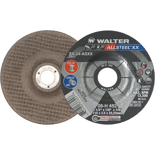 Depressed Centre Grinding Wheels - Allsteel XX, 4-1/2" x 1/8", 7/8" Arbor, Type 27, Zirconia Alumina, 13300 RPM Equipment World