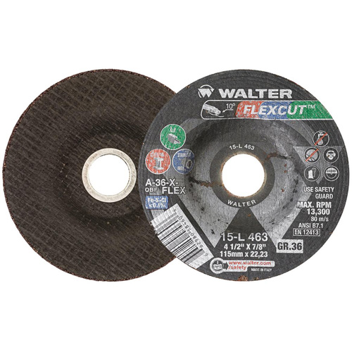 Meule FLEXCUT, 4-1/2", 36 Grain, Oxyde d'aluminium, 7/8", 13 300 Tr/min, Type 29 Equipment World