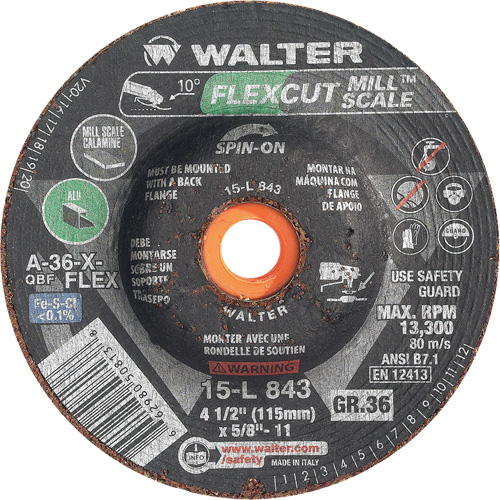 Meule FLEXCUT MILL SCALE, 4-1/2", 36 Grain, Oxyde d'aluminium, 5/8"-11, 13 300 Tr/min, Type 29 Equipment World
