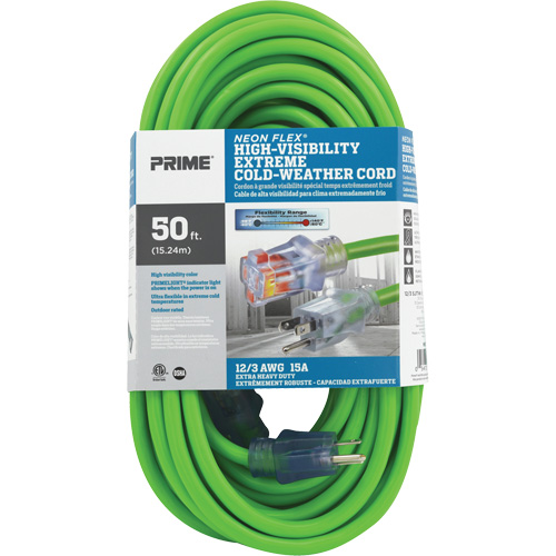 Neon Flex&reg; High Visibility Extension Cord, Outdoor, SJTW, 12/3 AWG, 15 A, 50' Equipment World