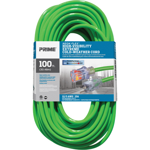 Neon Flex&reg; High Visibility Extension Cord, Outdoor, SJTW, 12/3 AWG, 15 A, 100' Equipment World