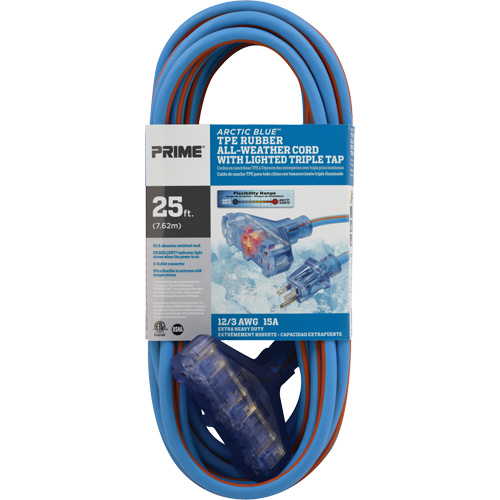 Arctic Blue TPE-Rubber Extension Cord, All-Weather, SJEOW, 12/3 AWG, 15 A, 3 Outlet(s), 25' Equipment World