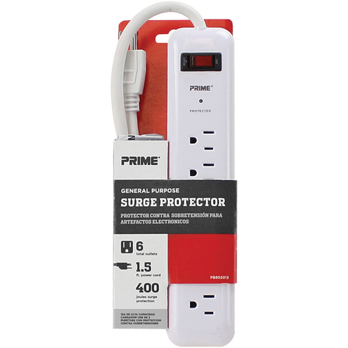 Surge Protector, 6 Outlets, 400 J, 1875 W, 2' Cord Equipment World