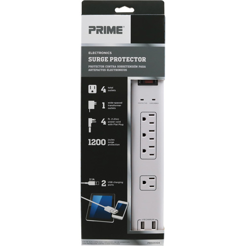 USB Charging Surge Protectors, 4 Outlets, 1200 J, 1875 W, 4' Cord Equipment World