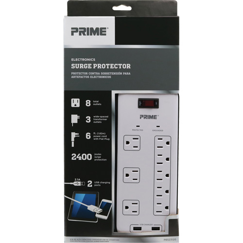 USB Charging Surge Protectors, 8 Outlets, 2400 J, 1875 W, 6' Cord Equipment World