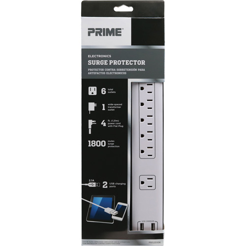 USB Charging Surge Protectors, 6 Outlets, 1800 J, 1875 W, 4' Cord Equipment World