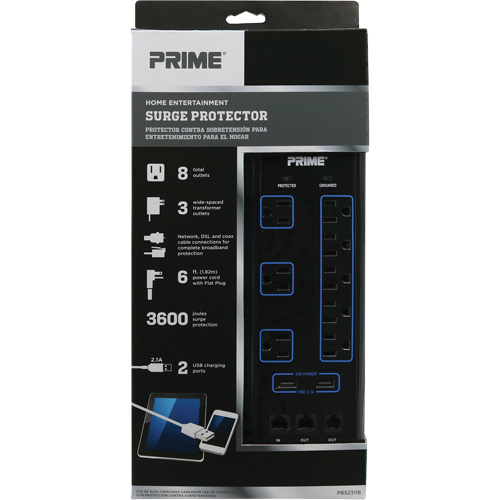 Limiteurs de surtension avec chargeur USB, 8 Prises, 3600 J, 1875 W, Cordon 6' Equipment World
