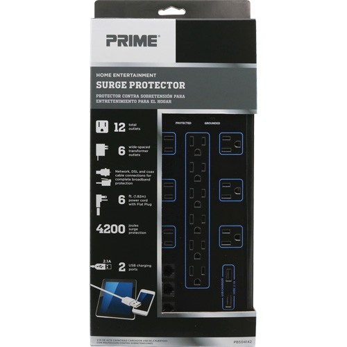 USB Charging Surge Protectors, 12 Outlets, 4200 J, 1875 W, 6' Cord Equipment World