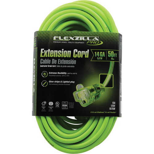 Flexzilla&reg; Pro Industrial Extension Cord, All-Weather, SJTW, 14/3 AWG, 15 A, 50' Equipment World