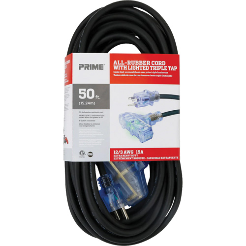 Cordon rallonge All-Rubber, Ext&eacute;rieur, SJOOW, AWG 12/3, 15 A, 3 prise(s), 50' Equipment World