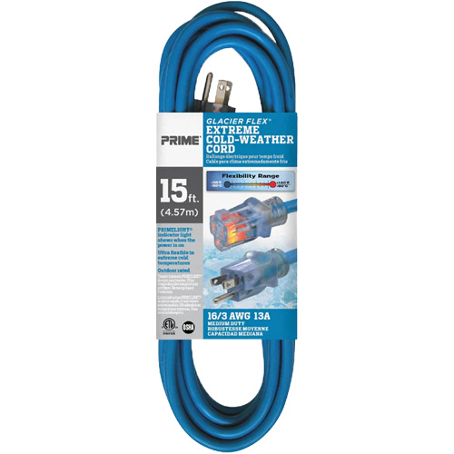 Glacier Flex&reg; Extreme Cold Weather Extension Cord, Outdoor, SJTW, 16/3 AWG, 13 A, 15' Equipment World